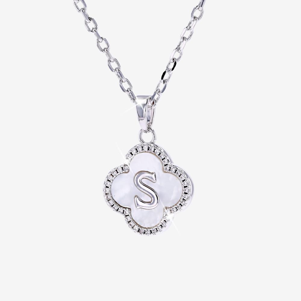 Real Mother Of Pearl Clover Initial 'S' Necklace