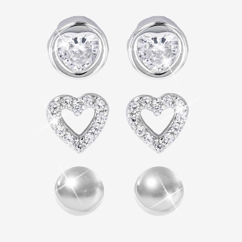 Silver Earrings Set Of 3 Pairs Heart, Round + Ball