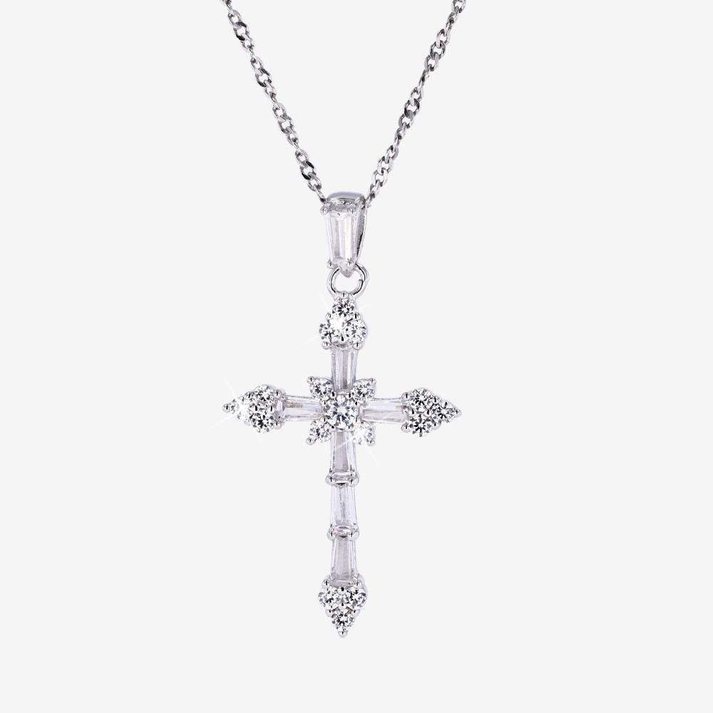 Sterling Silver DiamonFlash® Baguette Cross Necklace