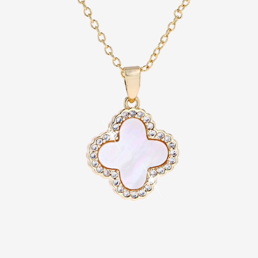 Gold Tone Mother Of Pearl And DiamonFlash® CZ Clover Necklace